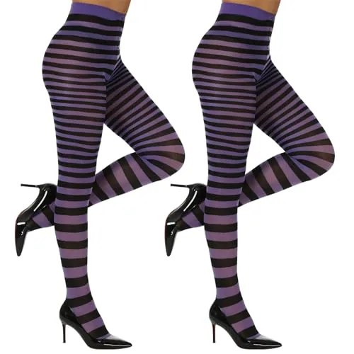 Control-Top Striped Tights, 2 Pairs III, Black + Purple