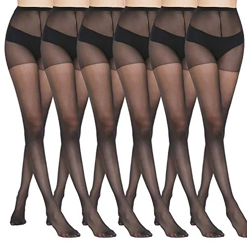 20D High-Waist Sheer Pantyhose, 6 Pairs, Black