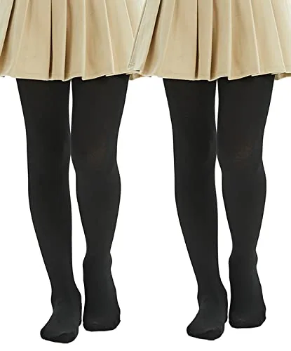 400D Girls' Fleece-Lined Tights, 2 Pairs III, Black