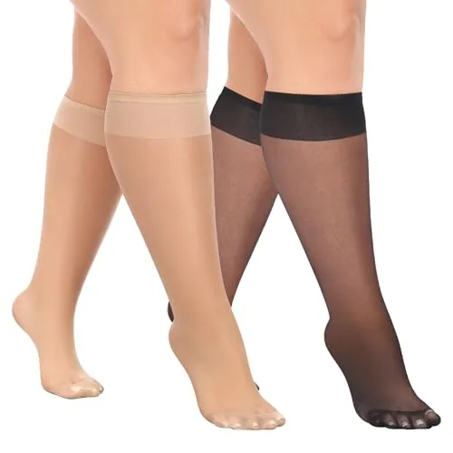 Plus-Size 15D Knee Highs, 10 Pairs, Natural + Black