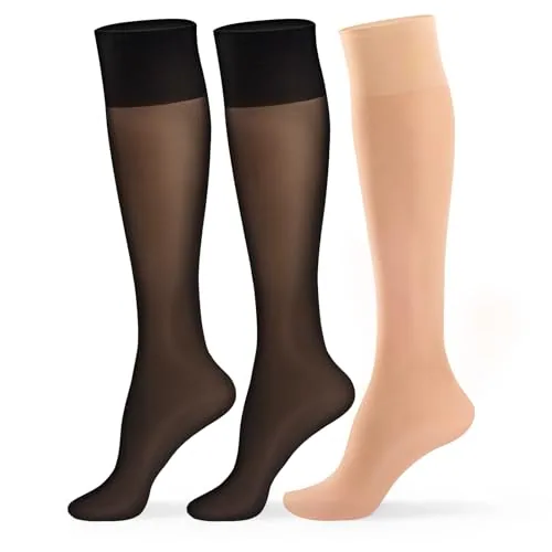 15D Knee Highs, 3 Pairs, Black + Natural Nude