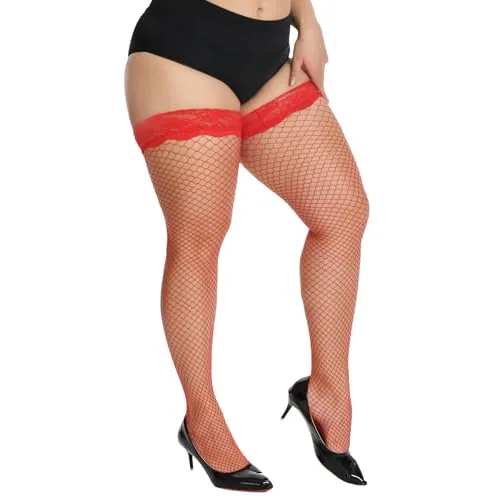 Plus-Size Fishnet Thigh Highs II, Red