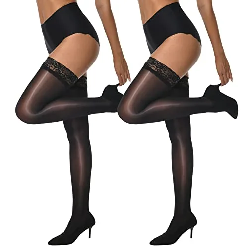 Lace-Top Thigh Highs, 2 Pairs, Black