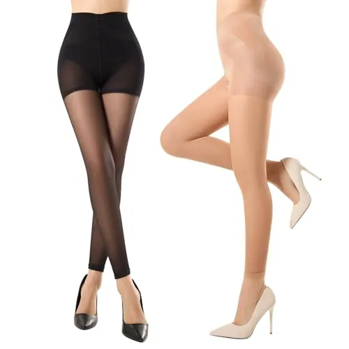 30D Control-Top Footless Dance Tights, 2 Pairs, Black And Natural