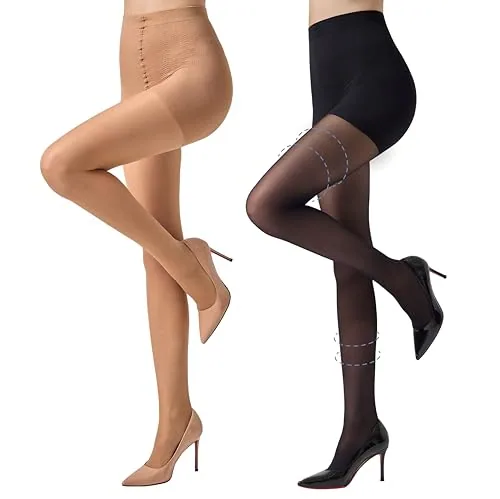 30D Control-Top Support Pantyhose, 2 Pairs, Black + Natural Nude