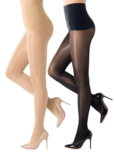 15D Control-Top Glossy Tights, Black + Natural