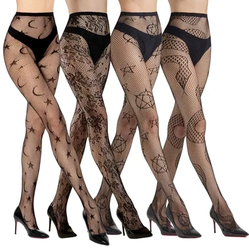 Fishnet Tights, 4 Pairs, B1ack Flower&snake&star