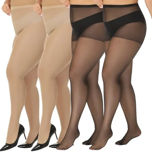 Plus-Size 20D Sheer Pantyhose, 4 Pairs, Black & Natural