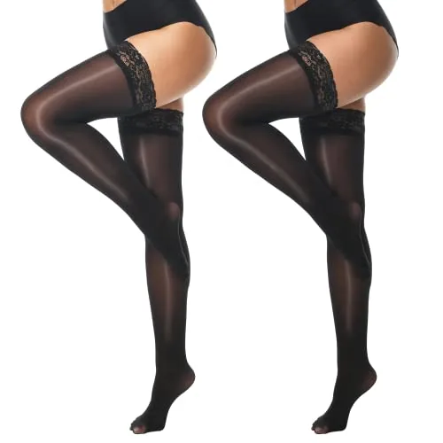 Ultra-Sheer Control-Top Lace-Top Thigh Highs, 2 Pairs, Black