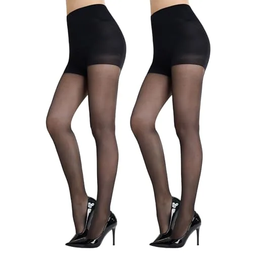 20D Control-Top Support Pantyhose, 2 Pairs, Black