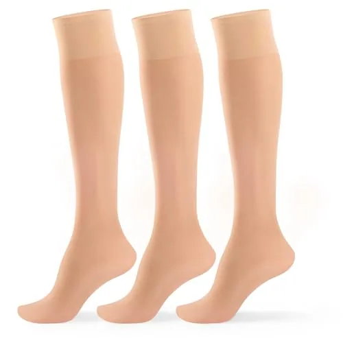15D Knee Highs, 3 Pairs, Natural Nude