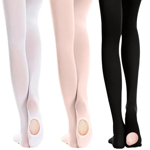 40D Convertible Girls' Dance Tights, 3 Pairs XV, Black + Ballet Pink + White