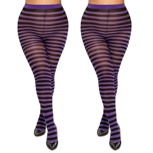 Plus-Size 40D Striped Tights, 2 Pairs III, Black + Purple