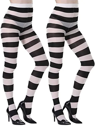 Striped Tights, 2 Pairs, Black White Stripe