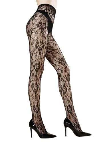 High-Waist Fishnet Tights, Large Flower