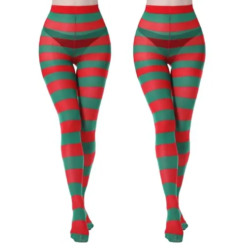 Girls' Patterned Tights, 2 Pairs, Red + Green