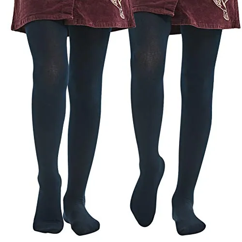 400D High-Waist Girls' Fleece-Lined Tights, 2 Pairs, Navy Blue