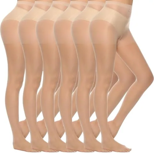 20D Silky Control-Top Pantyhose, 6 Pairs, Nude