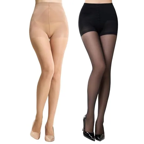 20D Control-Top Support Pantyhose, 2 Pairs, 1 Natural Nude + 1 Black